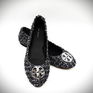 TORY BURCH Minnie Travel Fabric Ballet Flats with Metal Logo Size 8.5